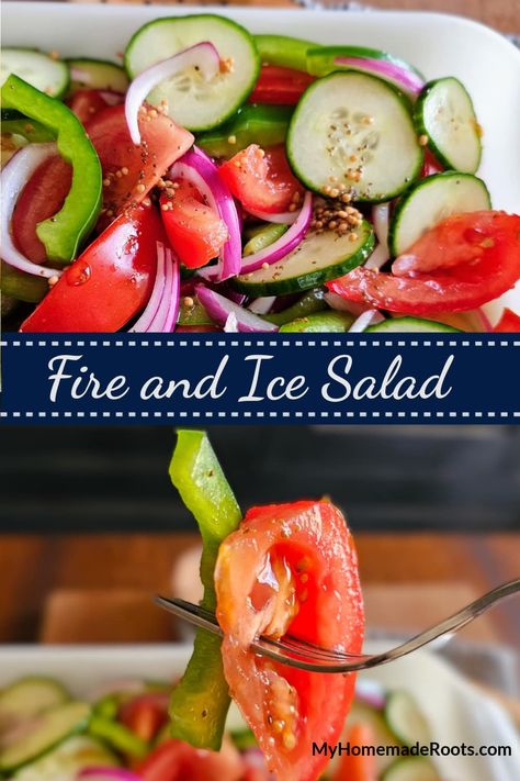 This vintage Southern Fire and Ice Salad is a zesty dish of marinated tomatoes, onions, green peppers, and cucumbers. Serve it as a side dish or enjoy it for lunch on a hot summer day. Fire And Ice Tomato Salad, Zesty Salad, Marinated Cucumbers, Power Salad, Marinated Tomatoes, Paleo Salads, Catering Options, Onion Salad, Veggie Tales