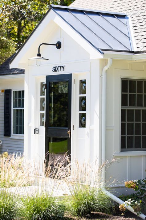 Enclosed Portico Entry Cape Cod, Attached Mudroom Exterior, Adding Enclosed Front Entry, Foyer Addition Exterior, Cape Cod House Metal Roof, Cape Cod Portico Front Entry, Entry Addition Exterior, Front Portico Ideas Entryway, Entryway Bump Out Entrance