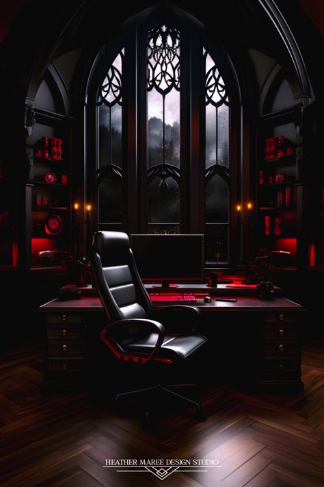 Gothic red and black inspired home office 🖤 Black And Red Bedroom Aesthetic, Gothic Gaming Setup, Vampire Office, Gothic Home Office, Maximalist Home Office, Gothic Office Decor, Moody Maximalist, Gothic Office, Goth Office