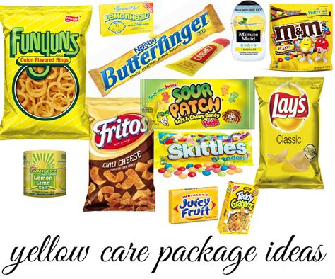 Care Package - yellow theme  (forgot Gushers) Yellow Themed Snack Basket, Yellow Packaged Snacks, Color Theme Party Snacks Yellow, Yellow Snacks Party, Yellow Color Basket Party, Yellow Food Basket, Color Party Basket Ideas Yellow, Yellow Themed Food Ideas, Yellow Party Snacks