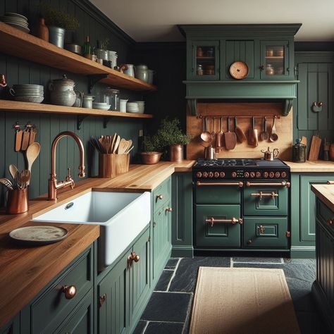 Green Kitchen With Copper Accents, Green Kitchen Island Wood Cabinets, No Cabinets In Kitchen, Boho Black Kitchen, Kitchen Design Bohemian, Green And Wood Kitchen Cabinets, Green And Copper Kitchen, Green Gold Kitchen, Kitchen Aesthetic Green