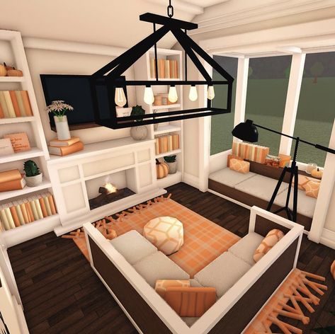 Cute Bloxburg Interior, Tiny Fall Bloxburg House, Cute Fall Bloxburg Bedrooms, Bloxburg Halloween House 1 Story, Fall Bloxburg Houses One Story, Blocksburg Fall House Ideas, Bloxburg Decorating Ideas Living Room, Bloxburg Fall House Living Room, Apartment Decorating Bloxburg