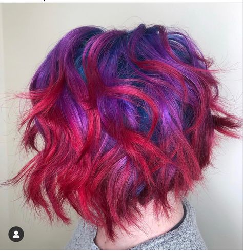 Bright Hair Color Ideas Short, Red And Purple Hair Short, Multi Colored Short Hair, Red And Purple Hair Color, Bright Hair Colors Short, Purple And Red Hair, Red And Purple Hair, Winx Tecna, Galaxy Hair Color