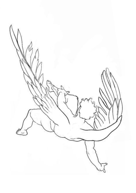 Fallen Angel Tattoo Outline, Fallen Angel Tattoo Simple, Falling Angel Tattoo Stencil, Falling Wings Drawing, Greek Line Art Tattoo, Angel Laying Down Tattoo, Fall Of Icarus Tattoo Simple, Line Art Animal Tattoo, Icarus Line Art