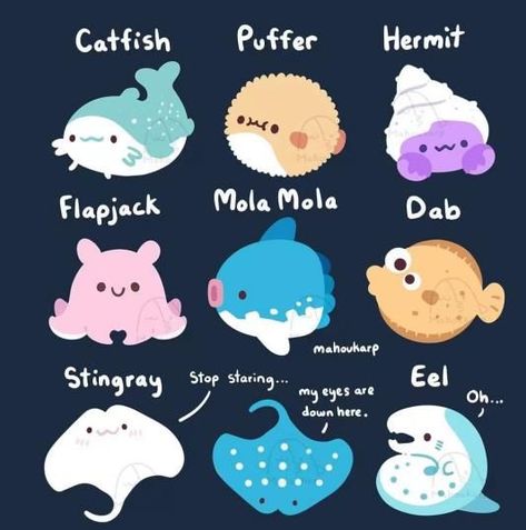 Chibi Ocean Animals, Chibi Sea Creatures, Kawaii Fish Drawing, Marine Creatures Drawing, Cute Stingray Drawing, Sea Animals Drawing Easy, Cute Sea Animals Drawing, Cute Jellyfish Drawing, Kawaii Sea Animals