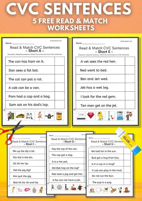 Graphic with all five worksheets on a yellow background, and a photo of the printed worksheets with a glue stick and scissors. Cvc Sentences Worksheets, Cvc Sentences, Decodable Sentences, English Language Activities, First Grade Homework, Sentences Kindergarten, Cvc Worksheets, Cvc Words Worksheets, Sentence Activities