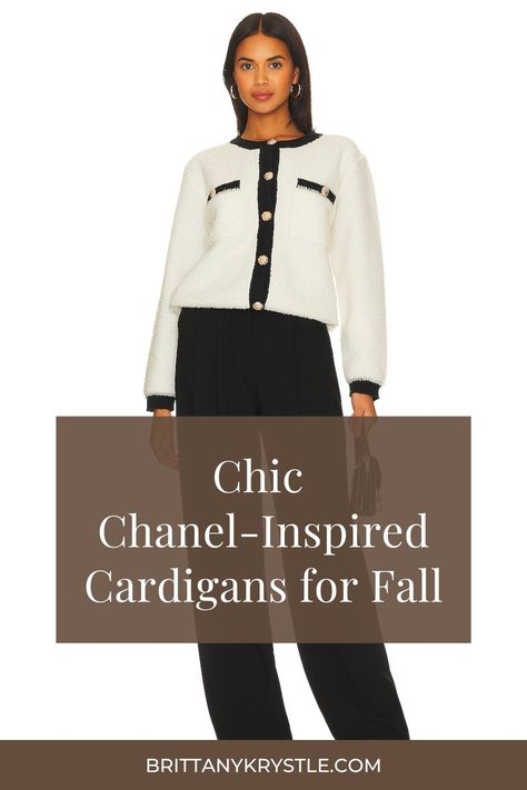 Elevate your everyday wear with these stylish Chanel-inspired cardigans for women. You’ll find a range of luxe affordable and mid-luxury boucle, tweed, knit, and button-down options in black, white, and cream for work and casual wear. Chanel Cardigan Outfit Black White, Black And White Boucle Jacket Outfit, Chanel Style Cardigan Outfit, Black And Cream Outfits, Chanel Cardigan Outfit, Black And White Cardigan Outfit, Boucle Jacket Outfit, Chanel Jacket Outfit, Parisian Chic Style Winter