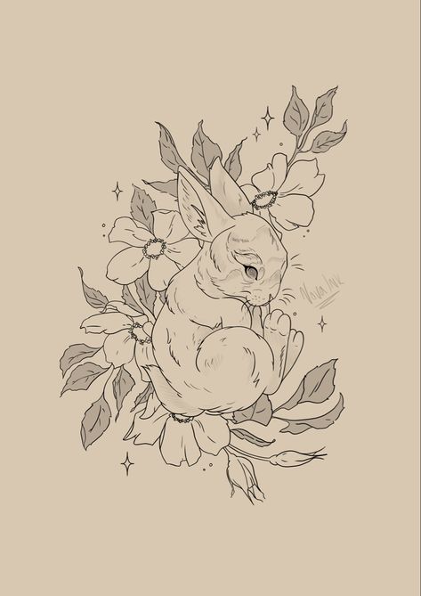 Foral rabbit tattoo illustration hy NoveInk Tattoo Flower Bunny Tattoo, Bunny Flower Tattoo, Moon And Rabbit Tattoo, Rabbit Heart Tattoo, Earth Rabbit Tattoo, Rabbit And Flower Tattoo, Bunny Holding Flower Tattoo, Rabbit Tattoo, Bunny Tattoo