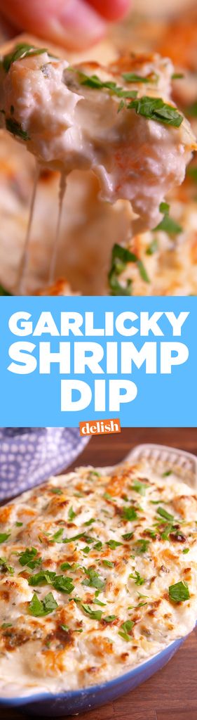 Garlicky Shrimp Dip  - Delish.com. [2 tbsp. extra-virgin olive oil 1 lb. shrimp, peeled and deveined 3 cloves garlic, minced kosher salt Freshly ground black pepper Juice and zest of 1 lemon 8 oz. cream cheese, softened 1/4 c. mayonnaise 3/4 c. shredded mozzarella 1/4 c. grated Parmesan 3 tbsp. fresh parsley, divided] Party Appetizers Vegetarian, Dip Night, Appetizers Vegetarian, Shrimp Dip Recipes, Garlicky Shrimp, Vegetarian Kids, Shrimp Dip, Hot Appetizers, Party Dips