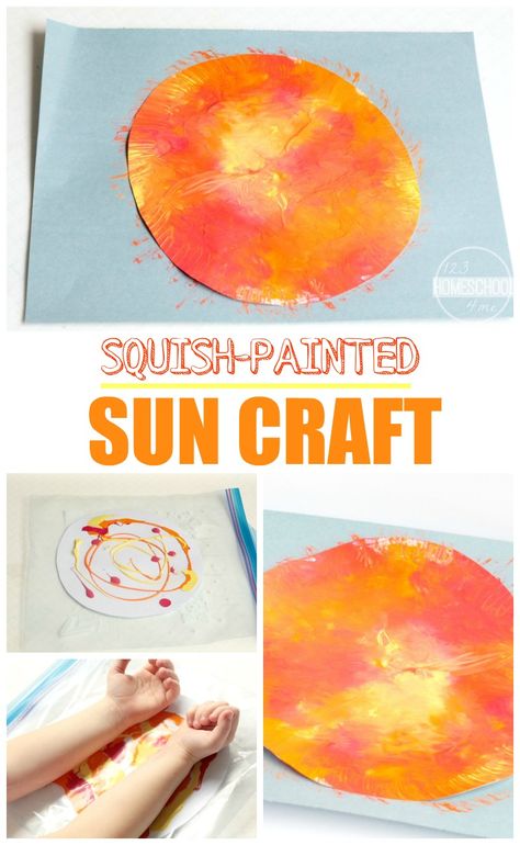 Squish Painted Sun Craft - This is such a fun, mess free painting, sun craft for kids to make. Perfect summer craft for kids or to celebrate the summer solstice (preschool, prek, toddler, kindergarten, first grade, 2nd grade) Sun Craft, Outer Space Crafts, Painted Sun, Mess Free Painting, Space Lessons, Space Preschool, Space Crafts For Kids, Sun Crafts, Weather Crafts