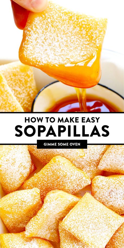 This restaurant-style sopapilla recipe is easy to make at home with pantry ingredients and always a crowd fave. Sprinkle your sopapillas in powdered sugar or dip in cinnamon-sugar -- up to you! | gimmesomeoven.com #sopapillas #dessert #mexican #texmex #donut #frybread #sweet Easy Home Desserts, Mexican Themed Desserts Sweet Treats, Puff Pasty Recipe Dessert, Last Minute Dessert Ideas, Easy Guatemalan Recipes, Mexican Lunch Recipes, How To Make Powdered Sugar, Mexican Deserts Easy, Easy Mexican Desserts For A Crowd