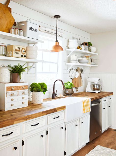 kitchen-white-cabinets-wood-top-DuiZDVMOas9Bs6D1WkpK4r White Kitchen With Wood Countertops, Wood Countertops Kitchen, Cottage Style Decor, Cabin Kitchens, Wood Countertops, White Kitchen Cabinets, Wood Kitchen, White Cabinets, Wood Cabinets