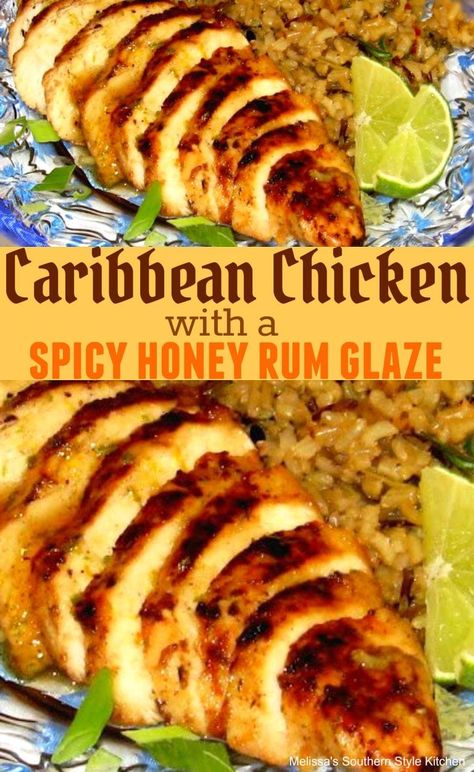 Chicken Glaze, Caribbean Chicken, Carribean Food, Jamaican Dishes, Caribbean Rum, Spicy Honey, Island Food, Jamaican Recipes, Chicken And Rice