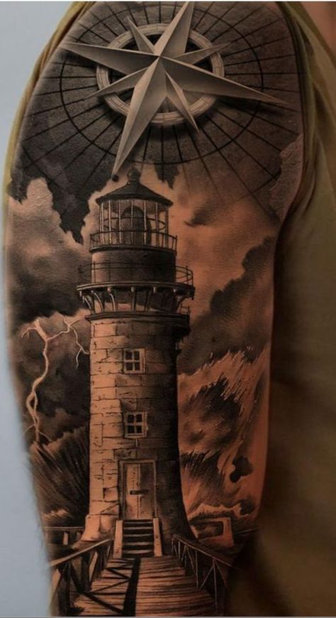 Nautical Lighthouse Tattoo, Stormy Sea Tattoo, Light House Tattoo Design, Lighthouse Tattoo Ideas, Lighthouse Tattoo Design, Sea Tattoo Sleeve, Nautical Sleeve, Portrait Tattoo Sleeve, Nautical Tattoo Sleeve