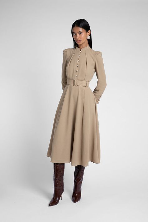 Beulah London, Tan Dress, Wool Crepe, Winter 23, Tan Dresses, Dress Inspo, Classic Wardrobe, Lookbook Outfits, Large Bust