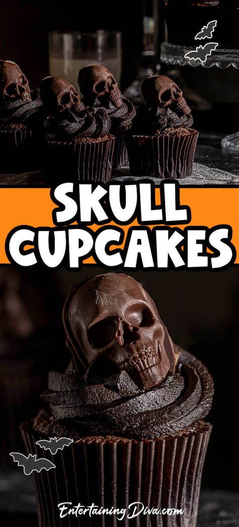 Skull Cupcakes | Halloween Treats Halloween Cupcakes Chocolate, Chocolate Halloween Desserts, Halloween Cupcake Decorating, Party Food Summer, Party Food Ideas For Adults, Party Food Dips, Skull Cupcakes, Homemade Chocolate Cupcakes, Summer Party Food