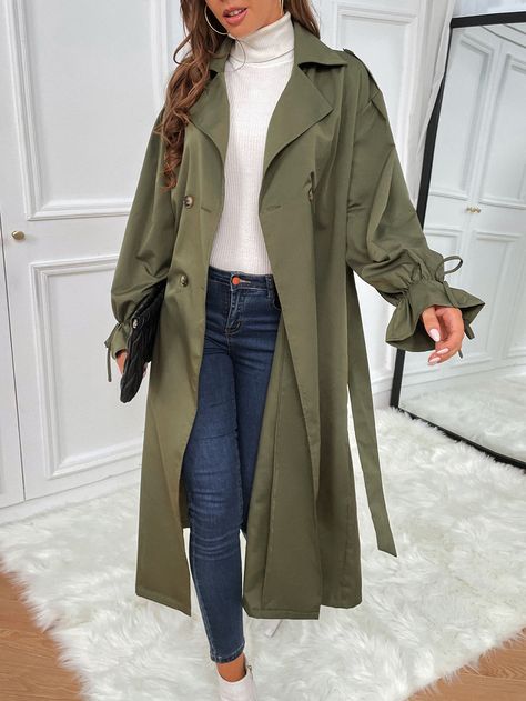 Army Green Casual  Long Sleeve Polyester Plain Regular  Non-Stretch Spring/Fall Women Outerwear Khaki Coat Outfit, Khaki Trench Coat Outfit, Trench Coats Women Outfit, Green Coat Outfit, Casual Trench Coat Outfit, Coat Outfits For Women, Long Green Coat, Trench Outfit, Army Green Coat