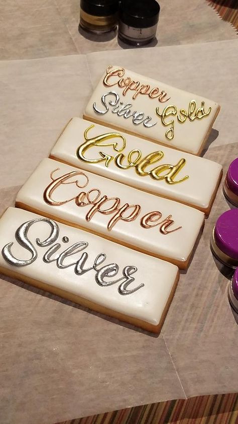 Painting with Metallic Copper, Gold & Silver dusts Gold Cookie Icing, Silver Decorated Cookies, How To Make Metallic Gold Royal Icing, How To Write With Icing On Cookies, Painting Royal Icing Cookies, Gold Royal Icing Cookies, How To Make Gold Royal Icing, How To Write On Cookies, Gold Cookies Decorated