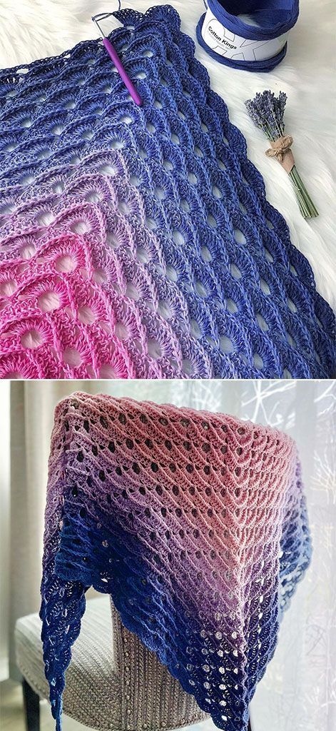 Fantastic crochet pattern by Yarnspirations Design Studio. If you’re looking for a crochet shawl design that is easy to make, this might be a perfect fit. As you can see on the pictures below, design highlights the beauty of the yarn. It also has an interesting lacy-like texture. Color gradient is the cherry on top! #freecrochetpattern #crochetpattern #crochetshawl Mandala Yarn Crochet Patterns Free Shawl, Free Cape Crochet Pattern, Crochet Shell Shawl, Super Fine Yarn Crochet Pattern Shawl, Crochet Pineapple Shawl, Crochet Shell Stitch Shawl Pattern Free, Crochet Shawl Diagram Free Pattern, Crochet Lace Shawl Pattern Free, Crochet A Shrug