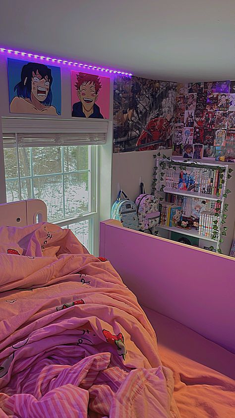 Room Decor Anime Aesthetic, Dream Rooms Anime, Anime Themed Bedroom Aesthetic, Anime Style Room Ideas, Aesthetic Anime Rooms, Cute Room Ideas Aesthetic Anime, Anime Ideas Bedrooms, Anime Room Inspo Aesthetic, Room Anime Ideas