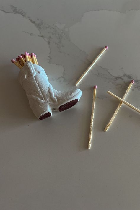 Aesthetic match stick holder for room decor, bar cart, match stricker on bottom Cowboy Boots Match Holder, Cowboy Match Holder, Cowboy Boot Matches, Cute Match Holder, Cowboy Boot Match Holder, Cowboy Boot Ceramic, Western Clay Ideas, Ceramic Cowboy Boot, Ceramic Match Holder