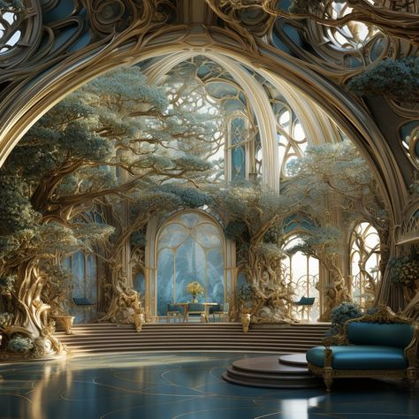 Elf Castle Interior, Ethereal Palace, Fantasy Palace Interior, Fantasy Castle Interior, Elven Architecture, Fantasy Palace, Dreams Core Aesthetic, Fantasy Place, Castle House Design