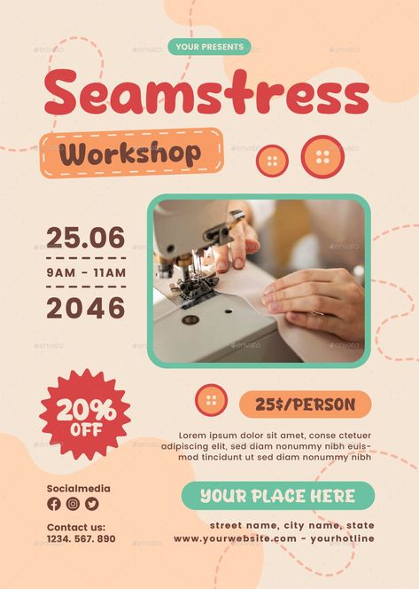 Seamstress Workshop Flyer Seamstress Workshop, Workshop Flyer, Sewing Class, Street Names, Vector Illustrations, Social Media, Illustrations