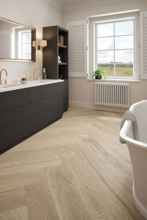 The I-Tex Range features a wide range of designs including striking encaustic tile looks, muted and distressed patterns, and herringbone wood plank design so you’re able to easily transform any living space and make a feature of your floor! #livingroom #herringbone #patternedfloor Herringbone Floor Bathroom, Herringbone Bathroom Floor, Luxurious Bedrooms Interior, Bedroom Floor Tiles, Wood Tile Bathroom Floor, Plank Tile Flooring, Wood Effect Floor Tiles, Wood Look Tile Floor, Tranquil Bathroom