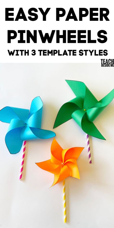 Easy homemade paper pinwheels with 3 styles of templates! Making Paper Pinwheels, How To Make A Pin Wheel, How To Make Paper Pinwheels, Diy Pinwheels For Kids, Pin Wheels Craft, How To Make A Pinwheel, How To Make A Kite, Pinwheels Craft, Spring Time Crafts