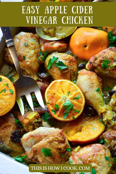 This simple, tangy stove-top seared and then baked apple cider vinegar chicken is perfect for a crowd or just a family dinner. Lots of garlic, a bit of orange and some dried cherries or cranberries make this a great chicken dinner! #applecidervinegarchicken #applecidervinegarchickenrecipe #vinegarchickenrecipe #vinegarchickensauce Apple Cider Vinegar Recipes, Apple Cider Vinegar Chicken, Vinegar Chicken, Hearty Comfort Food, Recipe Cover, Spiced Cider, Baked Apple, Dried Cherries, Easiest Apples