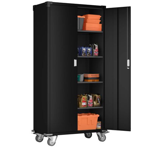 AOBABO Rolling 4-Shelf Garage Cabinet with Wheels, Black - Walmart.com Cabinet With Wheels, Locking Storage Cabinet, Metal Storage Cabinet, Steel Storage Cabinets, Garage Cabinet, Utility Cabinets, Lockable Storage, Furniture Storage Cabinets, Metal Storage Cabinets