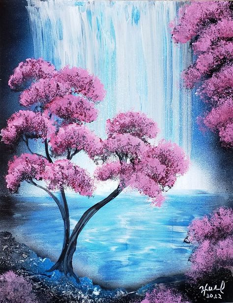 Serene water fall scene with cherry blossoms, created with spray paint. Halloween Paintings On Canvas, Art For Toddlers, Waterfall Project, 11x14 Poster, Boho Art Painting, Art Vibe, Mini Canvases, Cherry Blossom Wallpaper, Painting Halloween