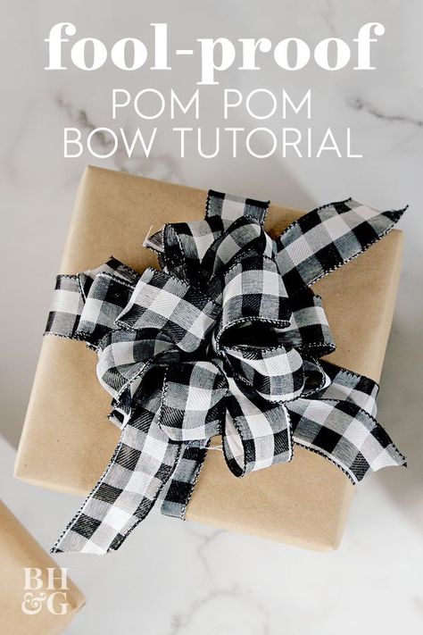 Whether you're wrapping Christmas gifts for the family or embellishing a birthday package, we'll show you how to make a pom pom bow. This might be the easiest bow you've ever made. #howtomakeabowwithribbon #giftwrapping #pompombow #bowforagift #christmas #bhg Wire Edged Ribbon Bow Diy, Diy Bow With Wired Ribbon, Wire Bows Diy, Pom Pom Bows Diy, How To Make A Pom Pom Bow, How To Make A Wire Ribbon Bow, Easiest Way To Make A Bow, Diy Gift Bow Ribbon, Making A Bow With Wire Ribbon