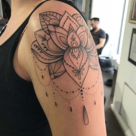 45 Pretty Lotus Flower Tattoo Ideas for Women | StayGlam Lotus Tattoo Shoulder, Flower Mandala Tattoo, Lotus Flower Tattoo Ideas, Mandala Tattoo Shoulder, Lotusblume Tattoo, Flower Shoulder Tattoo, Lotus Flower Tattoo Design, Flower Tattoo Ideas, Lotus Flower Mandala