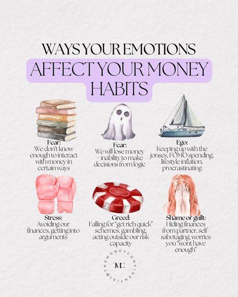 How our emotions can influence our money habits: Here are some of the more negative emotions and how they can affect our money. Obviously, these can manifest in different ways for each person, but these are just some examples: 😱 FEAR: Fear is a big one with money. I mean, I personally don’t know a single person who doesn’t have worries about their money from time to time - even our millionaire mentor! Here’s how it can show up + affect our finances: ❌ We believe we will lose money ❌ We ... Money Worries, Money Saving Strategies Personal Finance, Saving Strategies Personal Finance, Financial Insecurity, Road To Financial Freedom, Facing Fear, Debt Freedom, Financial Fitness, Personal Finance Advice