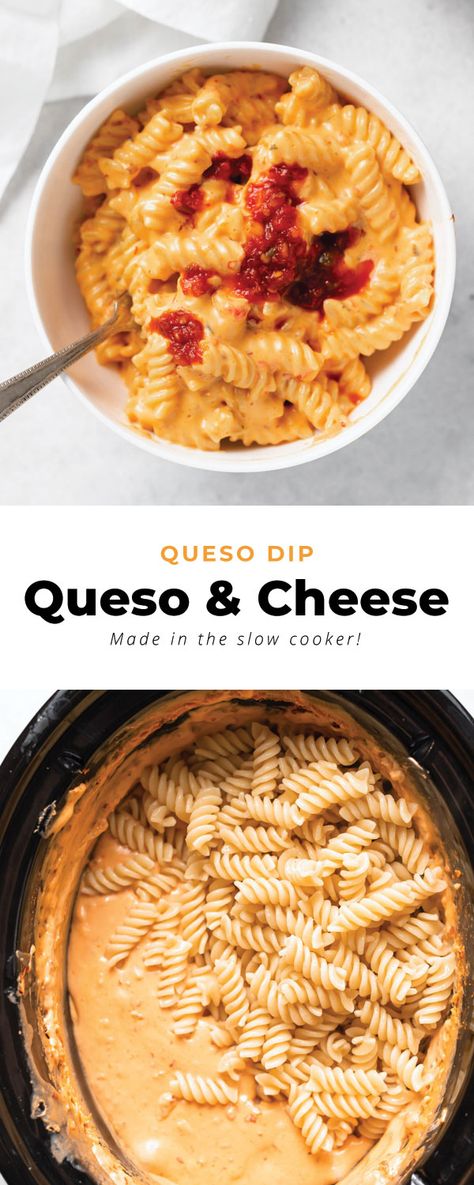 This Mexican mac and cheese is made with queso dip and pasta. Sure to serve a happy crowd. Game Day Mac And Cheese, Queso Macaroni And Cheese, Mac And Cheese Dip, Queso Mac And Cheese Recipes, Queso Mac And Cheese, Slow Cooker Queso, Mexican Mac And Cheese, Slow Cooker Mac And Cheese, Crockpot Recipes Cheap