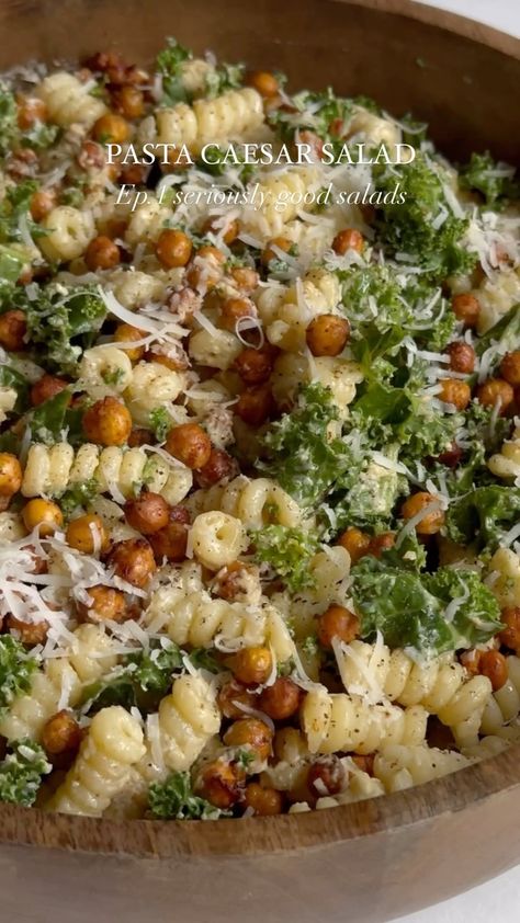 Jess Hoffman | Kale Pasta Caesar Salad!😍 Welcome to episode one of seriously good salads! Today we’re making a kale pasta caesar salad with crispy… | Instagram Pasta Ceased Salad, Pasta And Kale Salad, Ceasar Kale Pasta Salad, Whole Foods Pasta Salad Recipes, Cesar Kale Salad, Pasta Ceasar Salad Chicken, Caesar Salad With Chickpeas, Chickpeas With Pasta, Pasta Cesar Salad Recipe