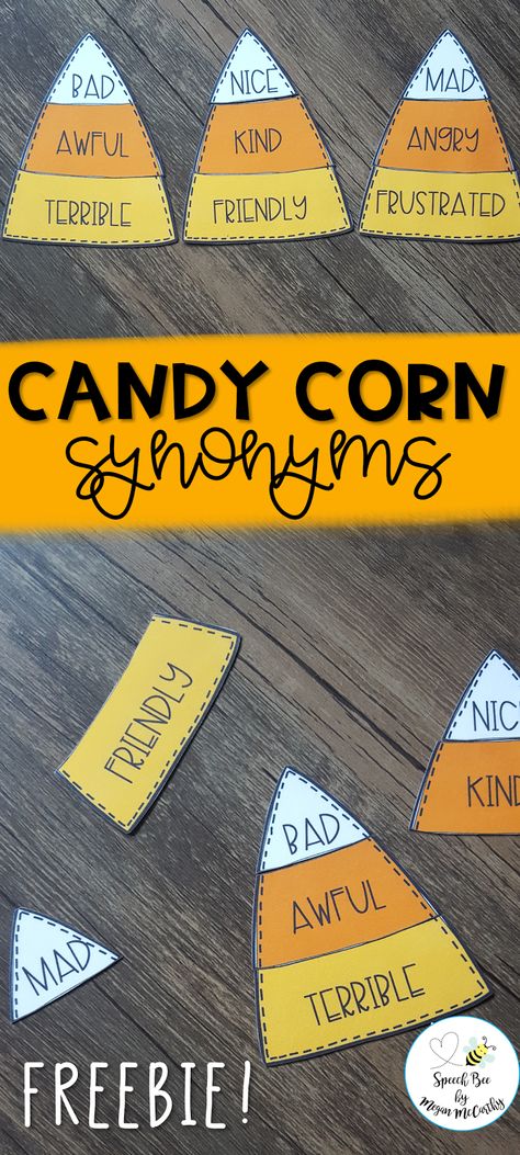 These candy corn synonyms are perfect for seasonal synonym matching! My students always love holiday themed activities in our speech and language session. These simple synonym cards are very low prep--simply print, laminate, and cut! You can play "I have, who has", hide them in sensory bins, play memory, and more! How will you use them?? (24 synonym groups included.) Antonyms Activities, Synonym Activities, October School, Early Intervention Speech Therapy, Career Ideas, Speech Therapy Games, Slp Activities, School Slp, 2nd Grade Ela