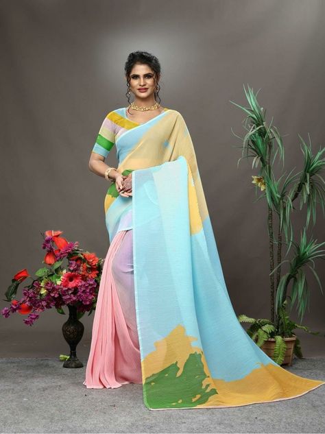 Colourful Saree, Yellow Sharara, Pleated Saree, Sequence Saree, Peach Saree, Floral Print Sarees, Saree Floral, Bridesmaid Saree, Indian Saree Blouse