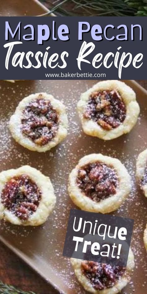 Pecan Cookie Cups, Pecan Tassies Recipe, Brownie Cookie Cups, Cream Cheese Crust, Tassies Recipe, Pecan Tassies, Maple Pecan Pie, Baker Bettie, Maple Cookies