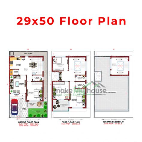 Make My House offers a wide range of Readymade House plans at affordable prices. This plan is designed for a 29x50 North Facing Plot having built-up area - 1450 SqFT with Modern Exterior Design for Duplex House. 30x50 House Plans North Facing, 30x50 House Plans East Facing, 25×50 House Plan, Autocad Plan, Modern Exterior Design, 30x50 House Plans, Indian Houses, North Facing House, Terrace Floor