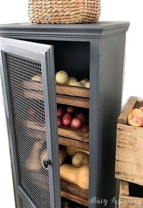 Outside Pantry Storage Ideas, Kitchen Storage Cabinets Farmhouse, Diy Veggie Storage, Diy Root Vegetable Storage Bin, Wooden Produce Storage, Food Storage Furniture, Fruits Storage Kitchen, Onion Garlic Potato Storage Ideas, Wood Kitchen Storage Cabinets