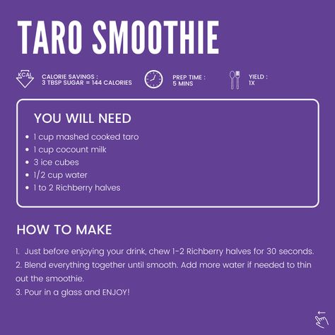 TARO IN A SMOOTHIE? Why not! When paired with 1-2 Richberry halves, this recipe miraculously tastes good and reinvigorating for a quick and easy morning fix! Available in Amazon & Shopee. #Richberry #MiracleBerry #MiracleFruit #foodie #foodporn #food #instafood #foodstagram #yummy #instagood #love #follow #foodblogger #foodlover #like #delicious #homemade #healthyfood #photooftheday #picoftheday #dinner #foodgasm #tasty #cooking #instadaily #lunch #bhfyp #restaurant #healthy Taro Smoothie, Easy Morning, Food Lover, Food Blogger, Smoothie, Healthy Recipes, Restaurant