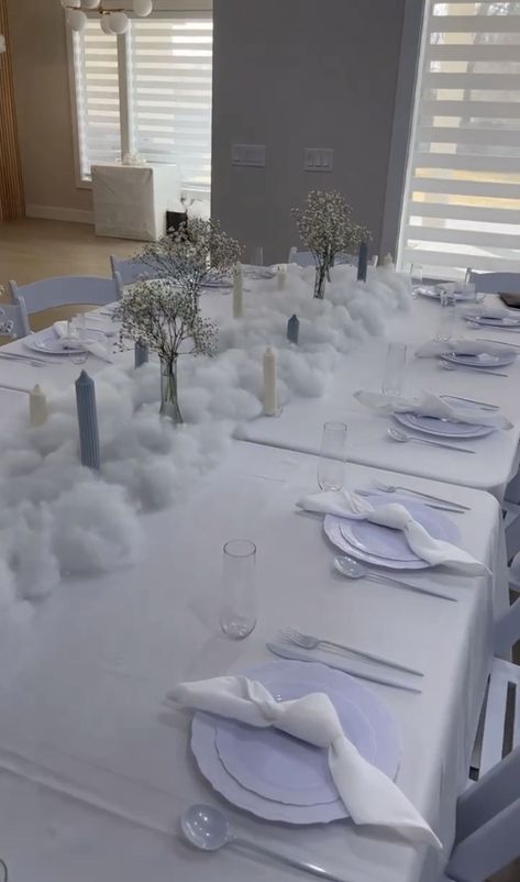 Cloud 9 Table Setting, Cloud Table Runner, 27th Heaven Birthday Party, Clouds Dessert Table, Wedding In The Clouds, Cloud Bday Theme, Cloud Theme Baby Shower Invitations, On Cloud Nine Table Decor, Cloud Theme Balloon Arch