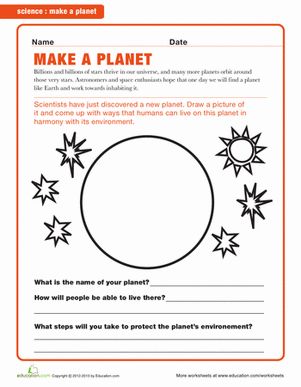 Invite your child to dream big and design his very own planet. Encourage both creativity and scientific speculation with this fun worksheet. Planet Worksheet, Solar System Unit, Solar System Activities, Space Lessons, New Planet, Third Grade Science, 4th Grade Science, Space Activities, 6th Grade Science