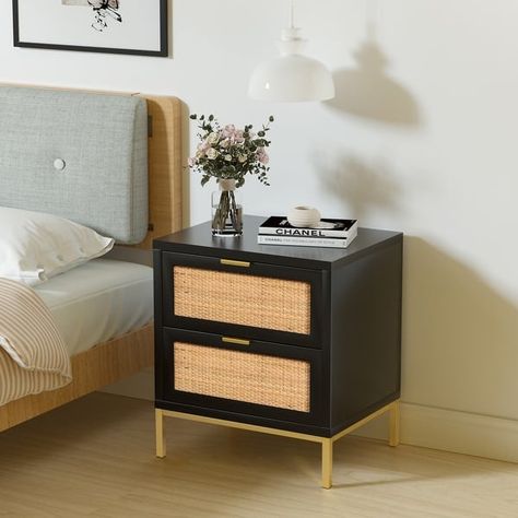 Anmytek Rattan 2 Drawers Black Nightstand Farmhouse Bedside Table Sofa Side Table - On Sale - Bed Bath & Beyond - 36846101 Nightstand Farmhouse, Farmhouse Bedside Table, Side Table For Bedroom, Rattan Nightstand, Black Bedside, Side Tables For Bedroom, Bedside Furniture, Rustic Sofa, Drawer Dimensions