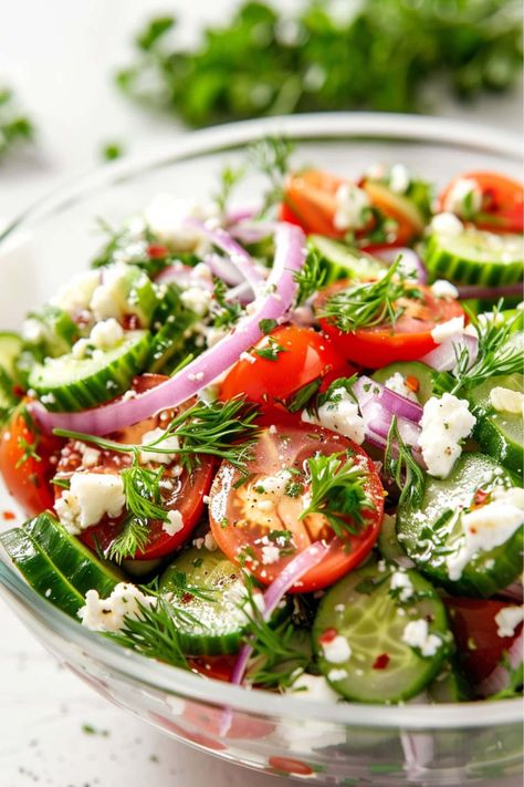 Cucumber Tomatoes Salad, Cucumber Salad Recipes Healthy, Cucumber Tomato Salad Feta, Tomatoe Cucumber Salad, Summer Salads Healthy, Tomato Cucumber Feta Salad, Cucumber Tomato Feta Salad, Tomato Feta Salad, Tomato And Cucumber Salad