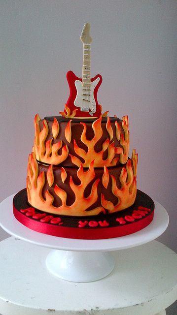 Electric Guitar Cake; looking more at the guitar than the fire; flames don't really go with baby shower theme LOL Electric Guitar Cake, Guitar Cakes, Crazy Wedding Cakes, Music Cakes, Guitar Cake, Music Cake, Crazy Cakes, A Birthday Cake, Awesome Cakes