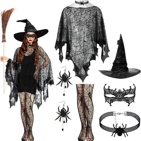 Halloween Costume Spiderweb Costume, Spider Web Costume, Mask For Halloween, Net Tights, Spider Costume, Spider Necklace, Spider Earrings, Scary Costumes, Hippie Costume