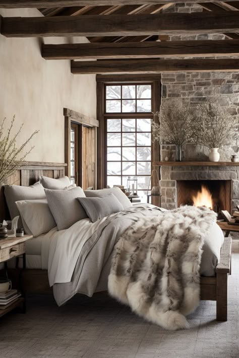 LINK IN BIO, check out our luxury home guide if you want your bedroom to be styled in this way, we help you to design a luxury home with different home decor ideas and inspiration for every aspect of your home!! Fur Comforter Bedroom Ideas, Luxury Chalet Bedroom, Mountain Chalet Interior Bedroom, Lodge Theme Bedroom, Log Bed Bedroom Decor, Master Bedrooms Rustic, Lodge Bedroom Ideas, Ski Lodge Bedroom, Ski Condo Decor Interior Design